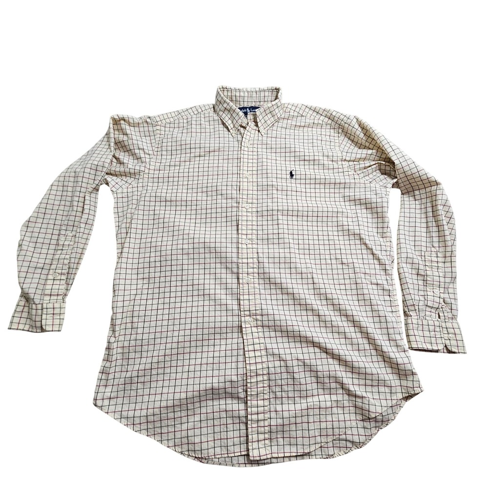 Ralph Lauren Button Down Shirt Mens L Cream Tattersall Check Classic Fit Long Sl